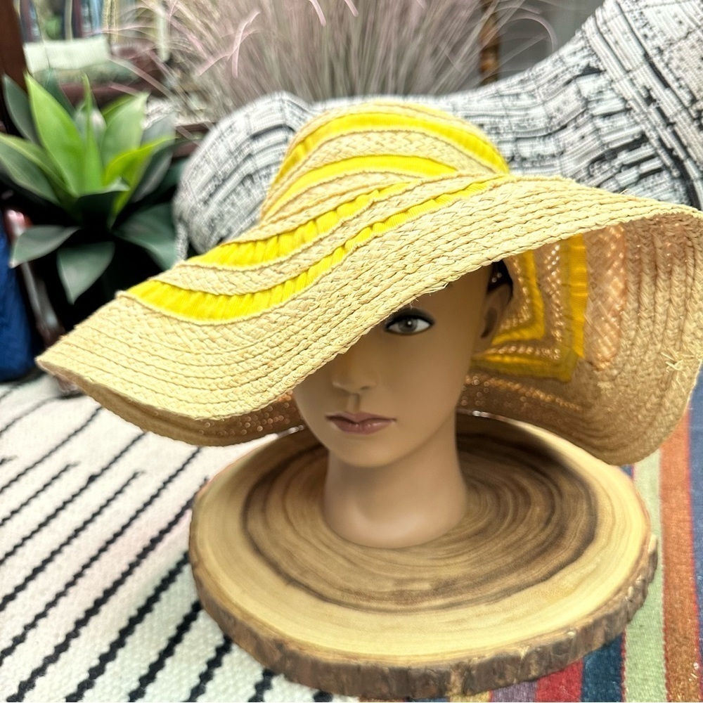 Bettina Italy vintage inspired tan & yellow straw floppy hat in VGUC - Picture 7 of 15